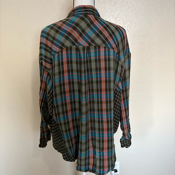Free People One Of The Guys Green Plaid Cotton Button Down Shirt Oversized Boho - Picture 4 of 10